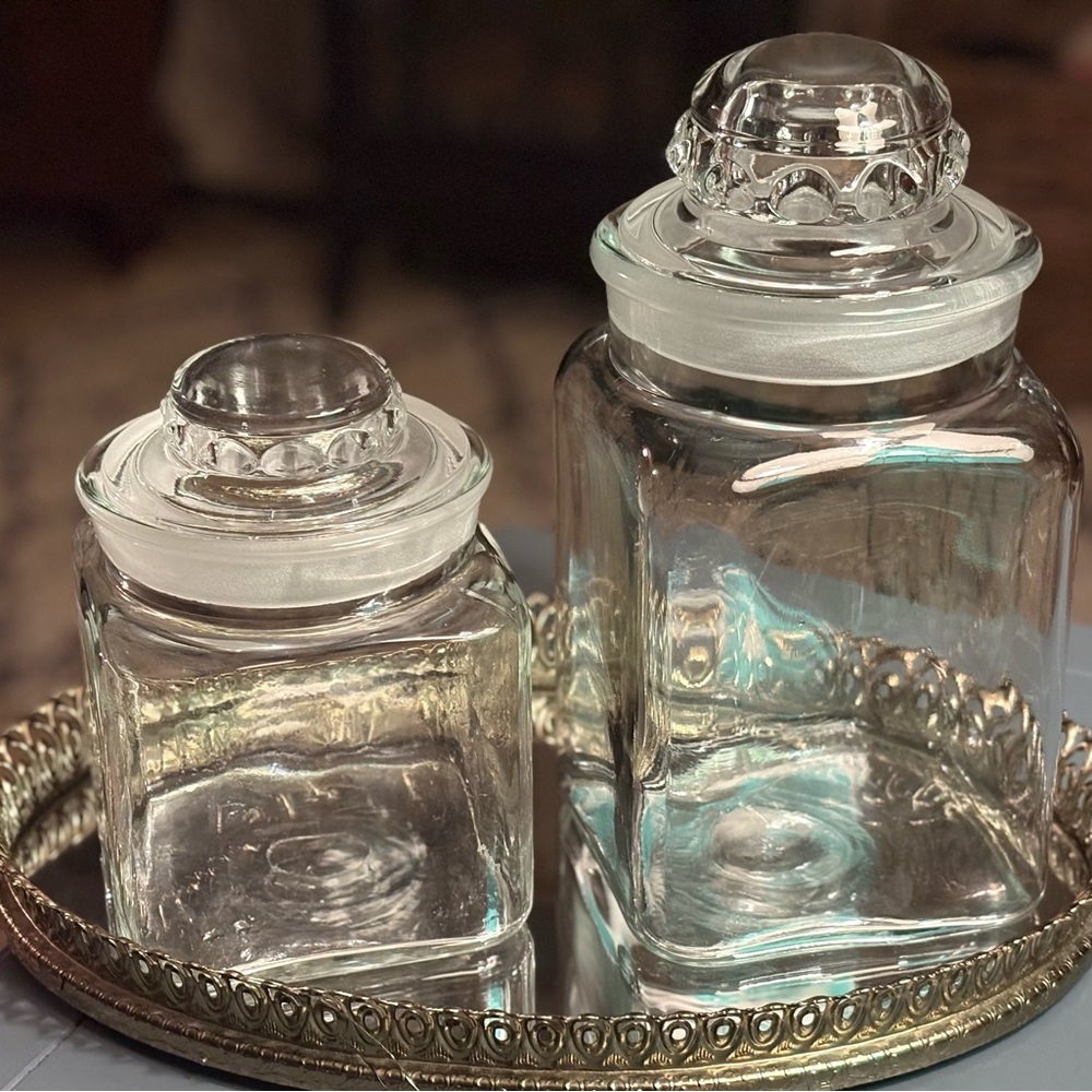 Set of 2 Vintage Tiffin "Dakota" square glass apothecary jars.